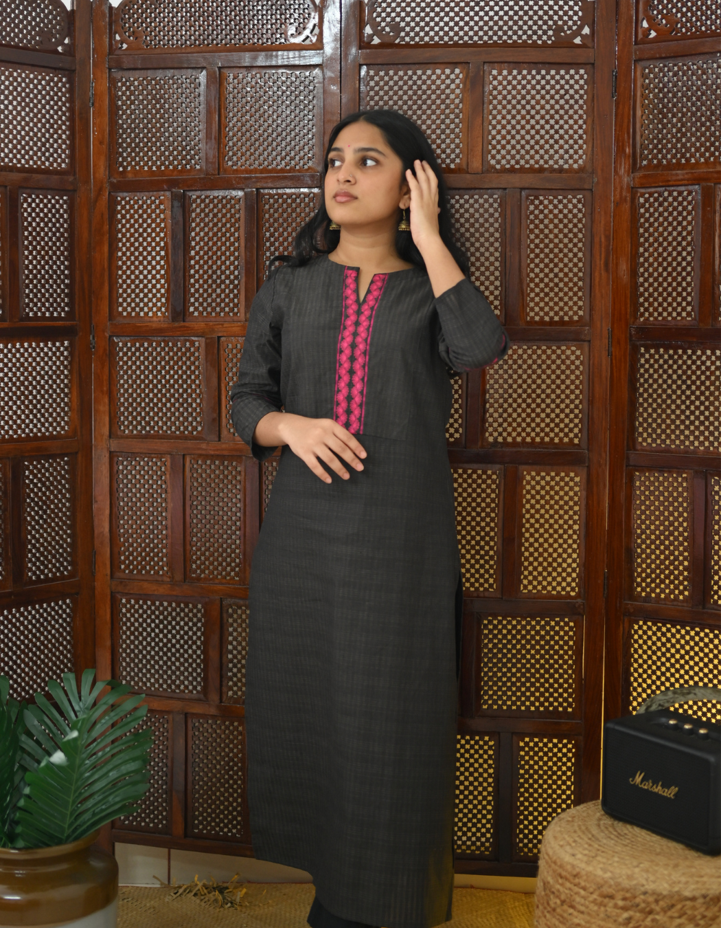 Charcoal Black South Cotton Embroidered Kurti