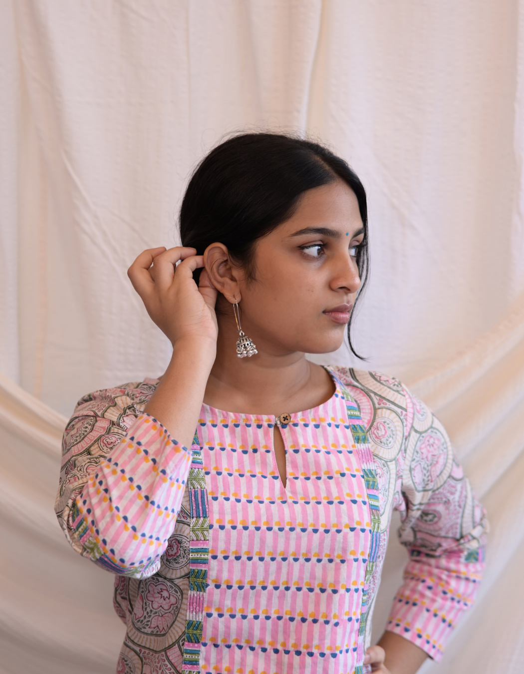 Kadha Pink Handblock Printed Patch Kurti
