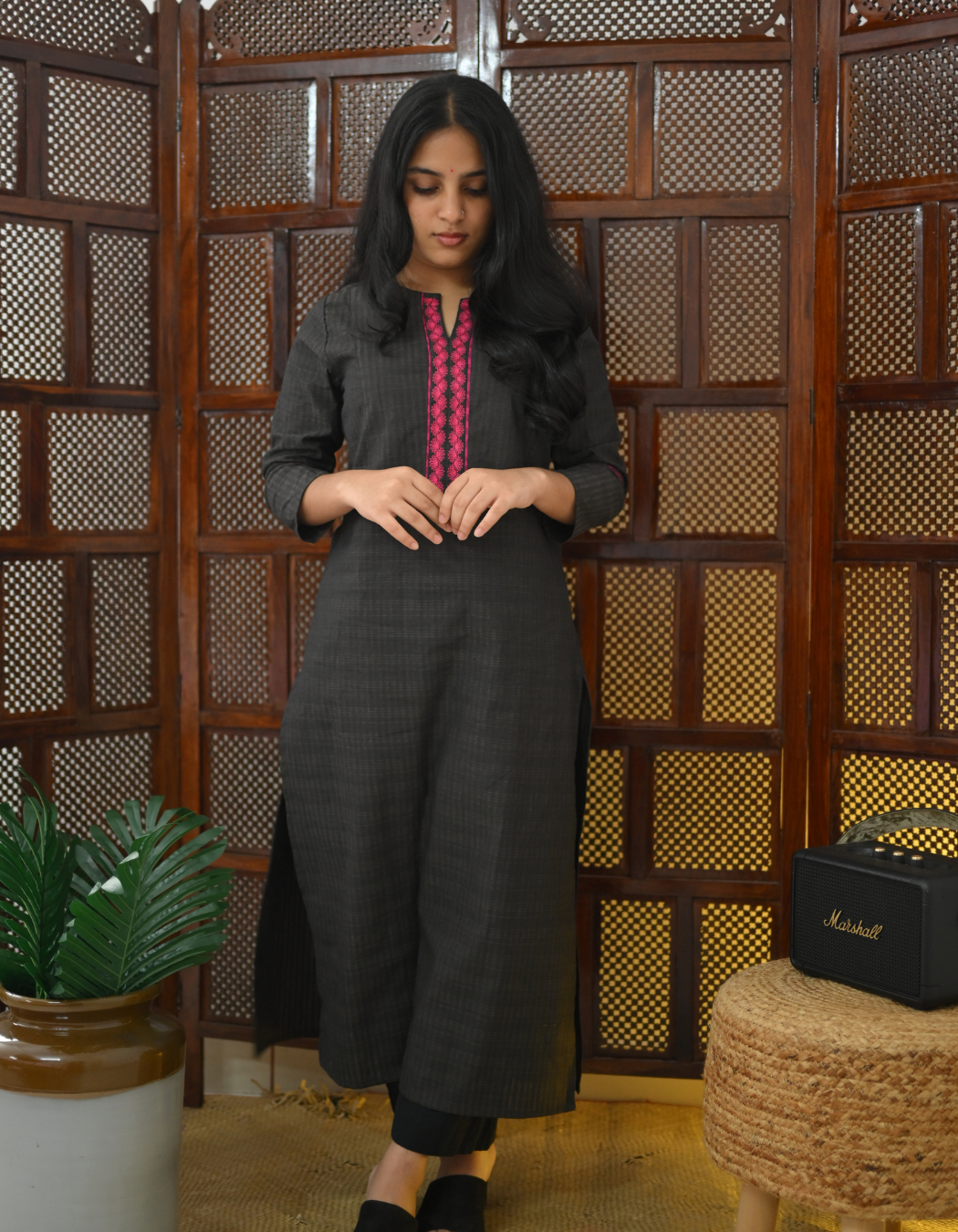 Charcoal Black South Cotton Embroidered Kurti