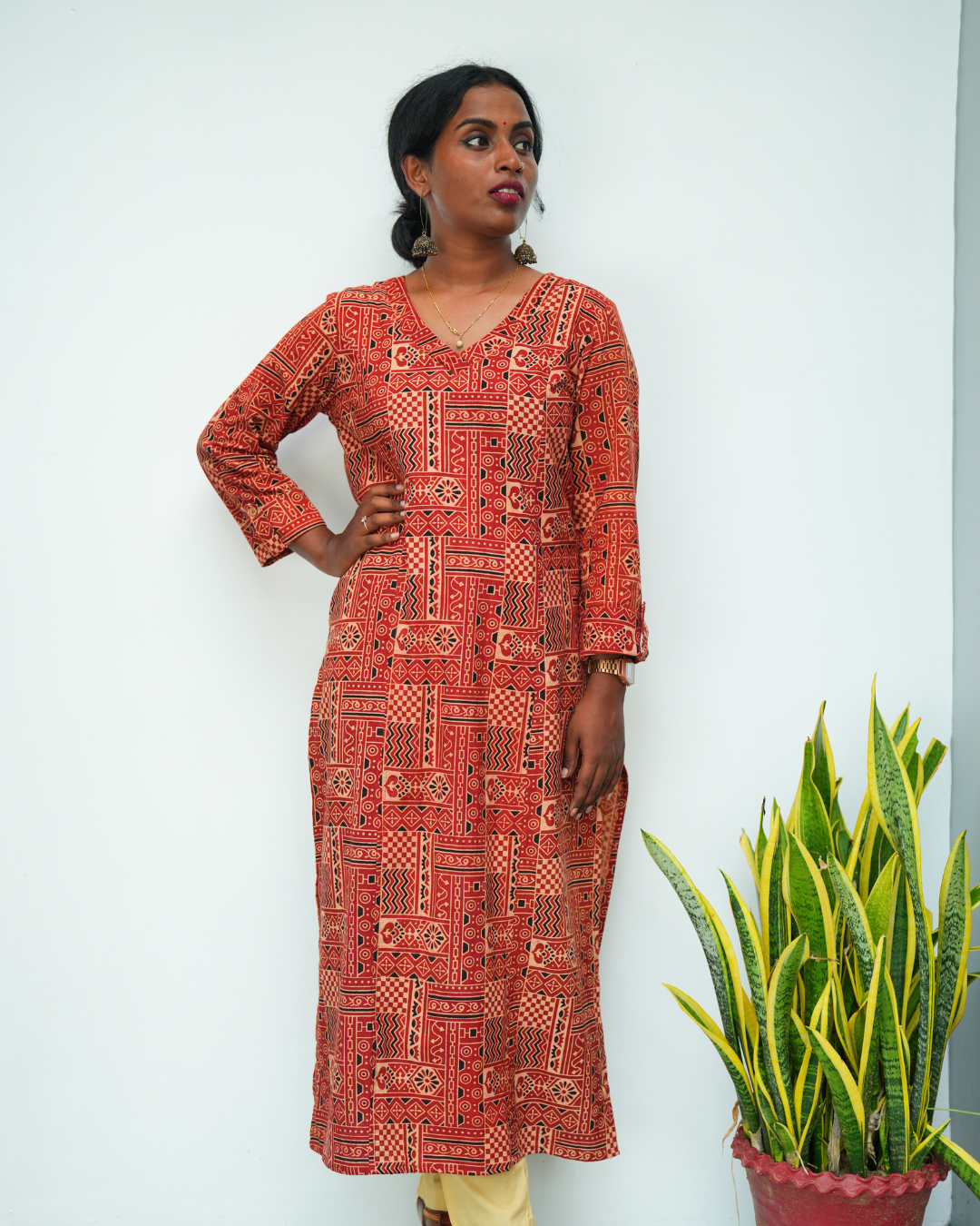 Red Ajrakh Printed Prinsess cut Cross V Neck Kurti
