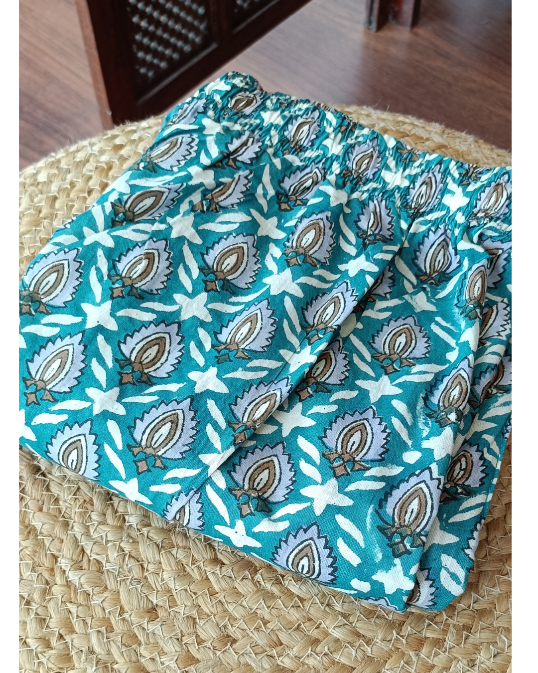 "NIRAM" Teal Blue Sanganeri Printed Cotton Kurti Set with Kota Doriya Dupatta.
