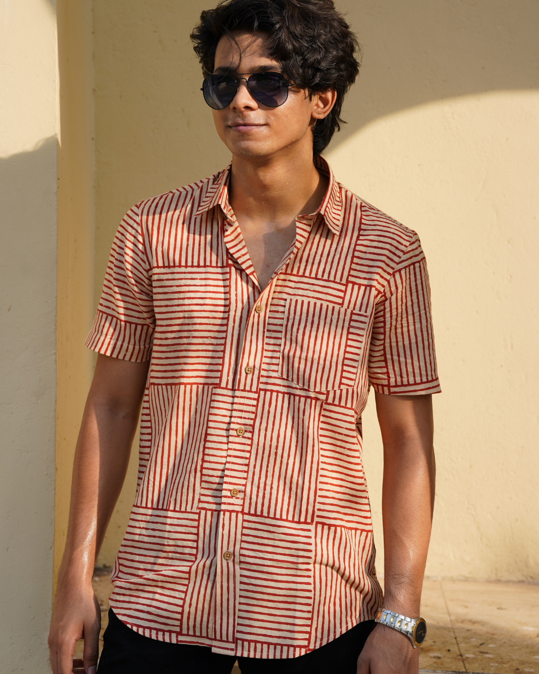 Beige and Red Striped Men's Shirt