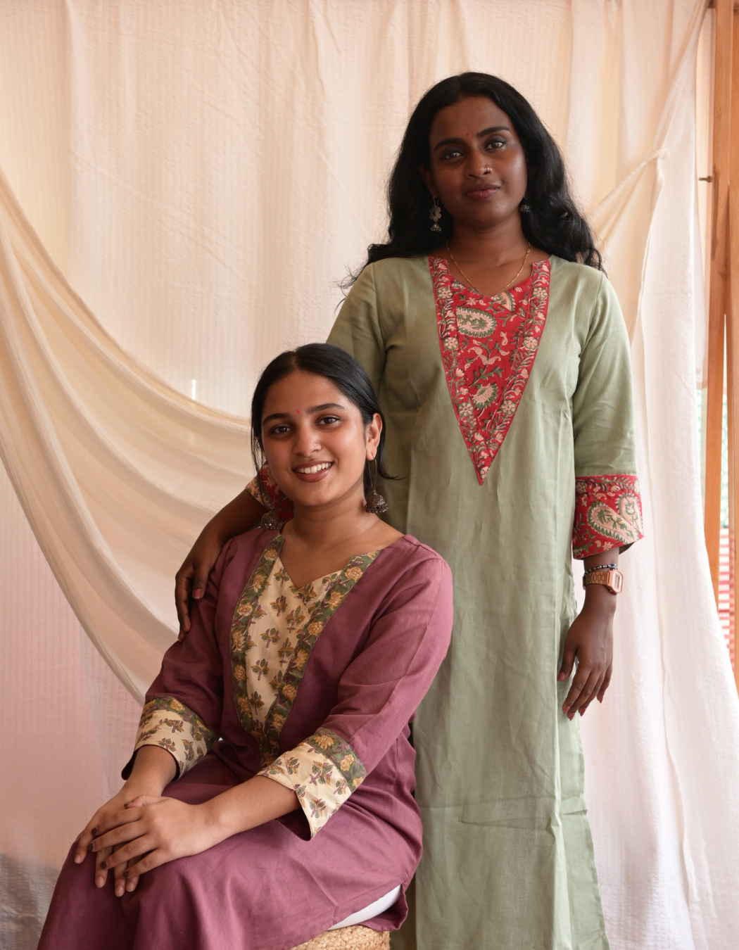 "TARA" PASTEL GREEN BASE RED HAND BLOCK PRINTED PATCH KURTI