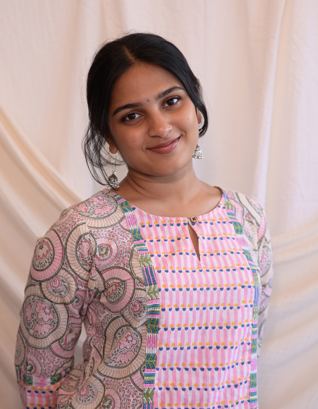 Kadha Pink Handblock Printed Patch Kurti