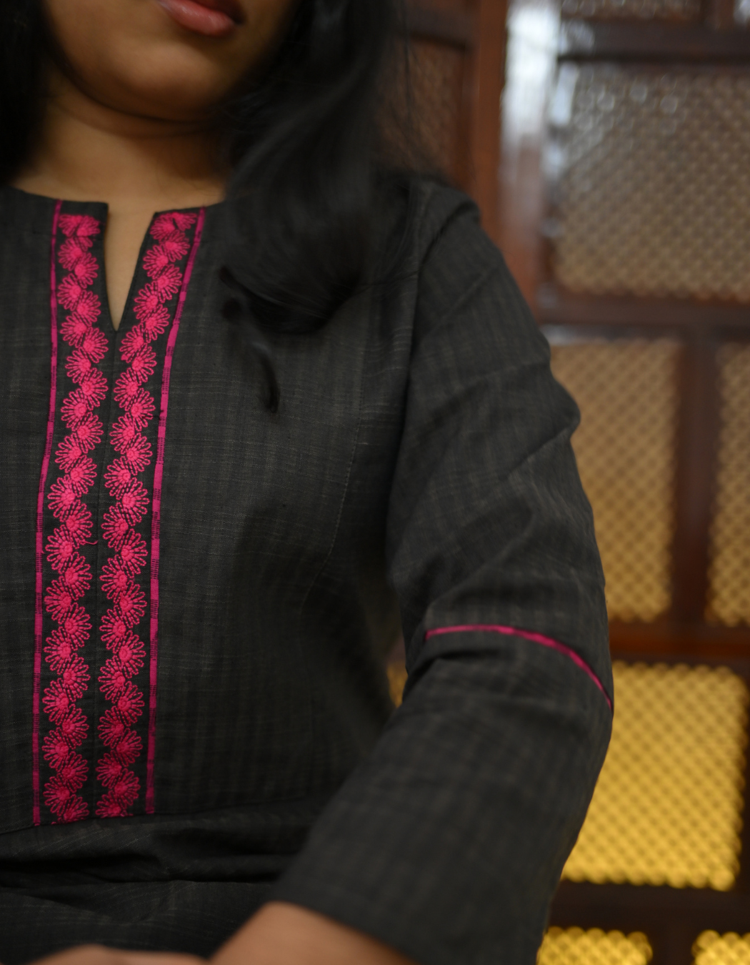 "INAYA "Charcoal Black South Cotton Embroidered Kurti