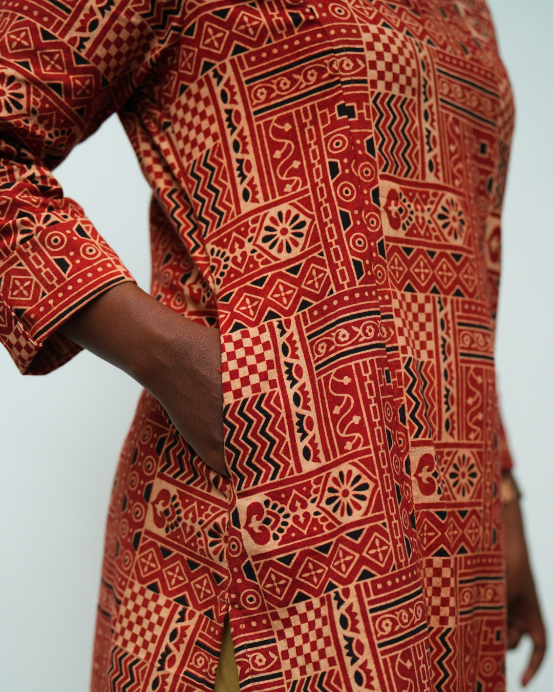 Red Ajrakh Printed Prinsess cut Cross V Neck Kurti
