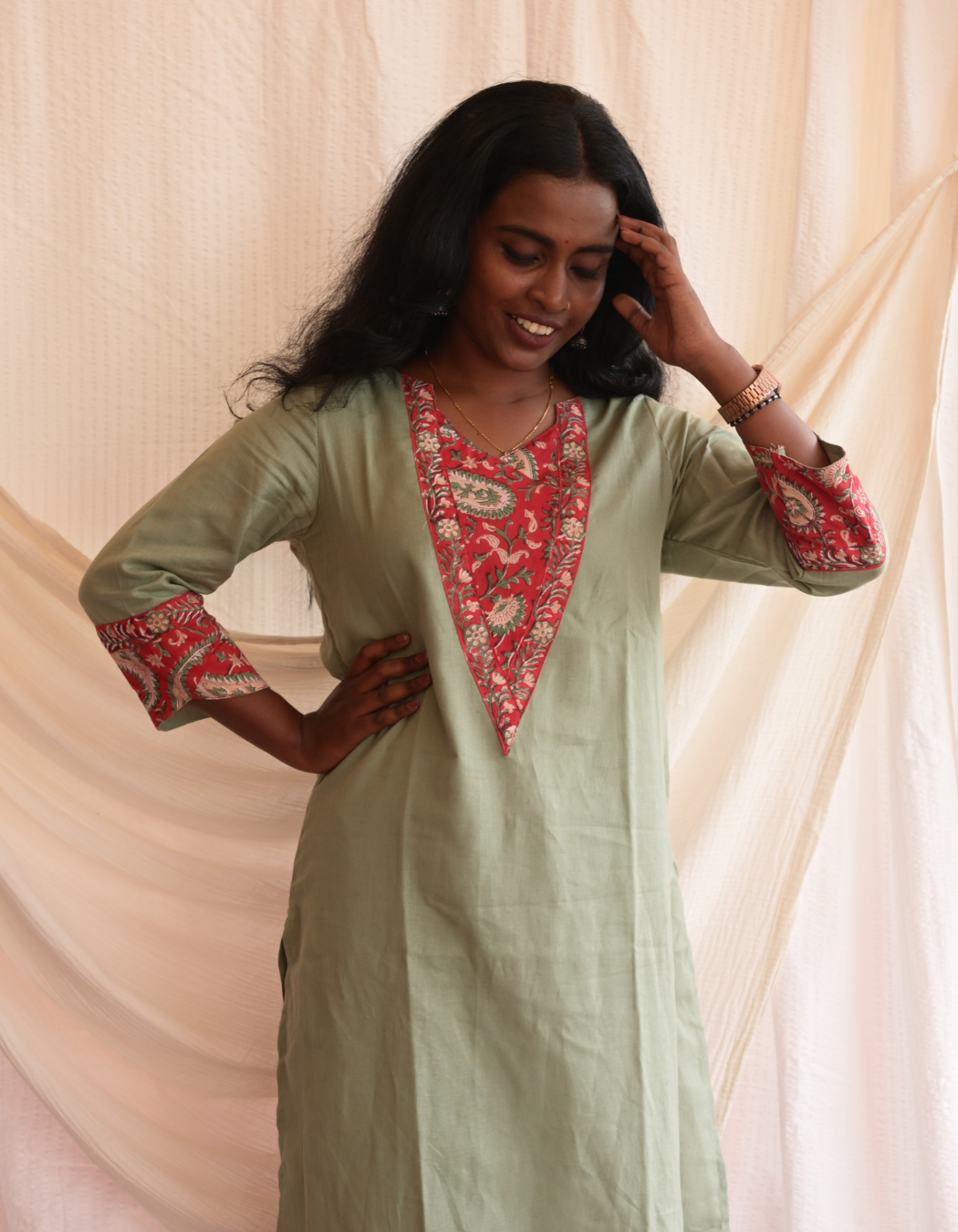 "TARA" PASTEL GREEN BASE RED HAND BLOCK PRINTED PATCH KURTI