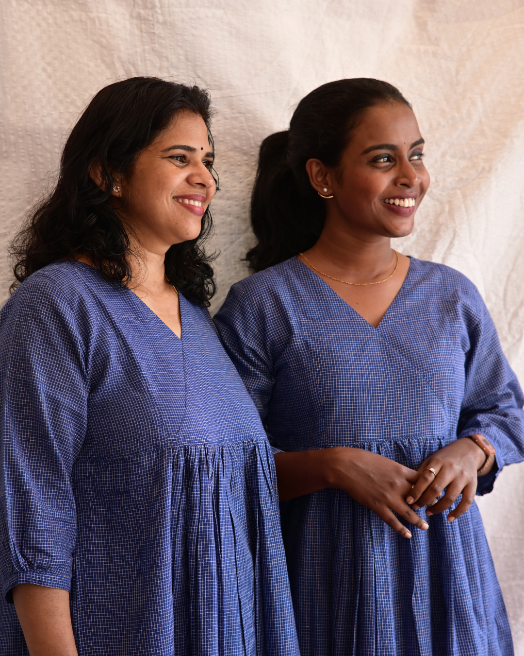 BENGAL HANDLOOM COTTON BLUE CHECK GATHERED DRESS