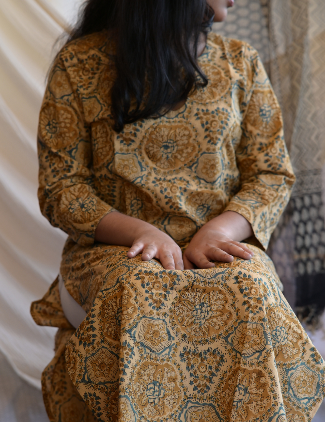 HAWA MUSTARD YELLOW HANDBLOCK PRINTED BUTTA KEY HOLE KURTI