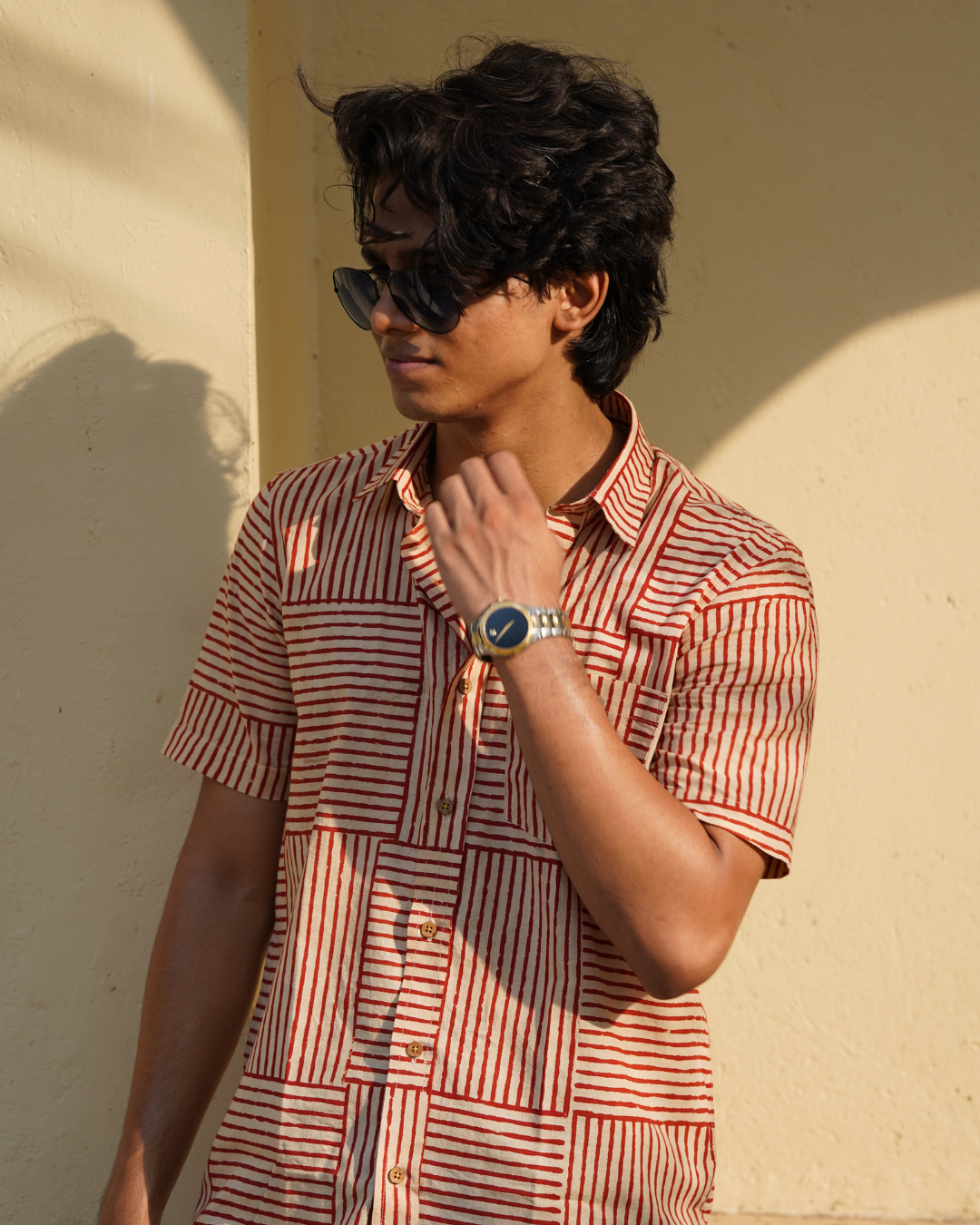 Beige and Red Striped Men's Shirt