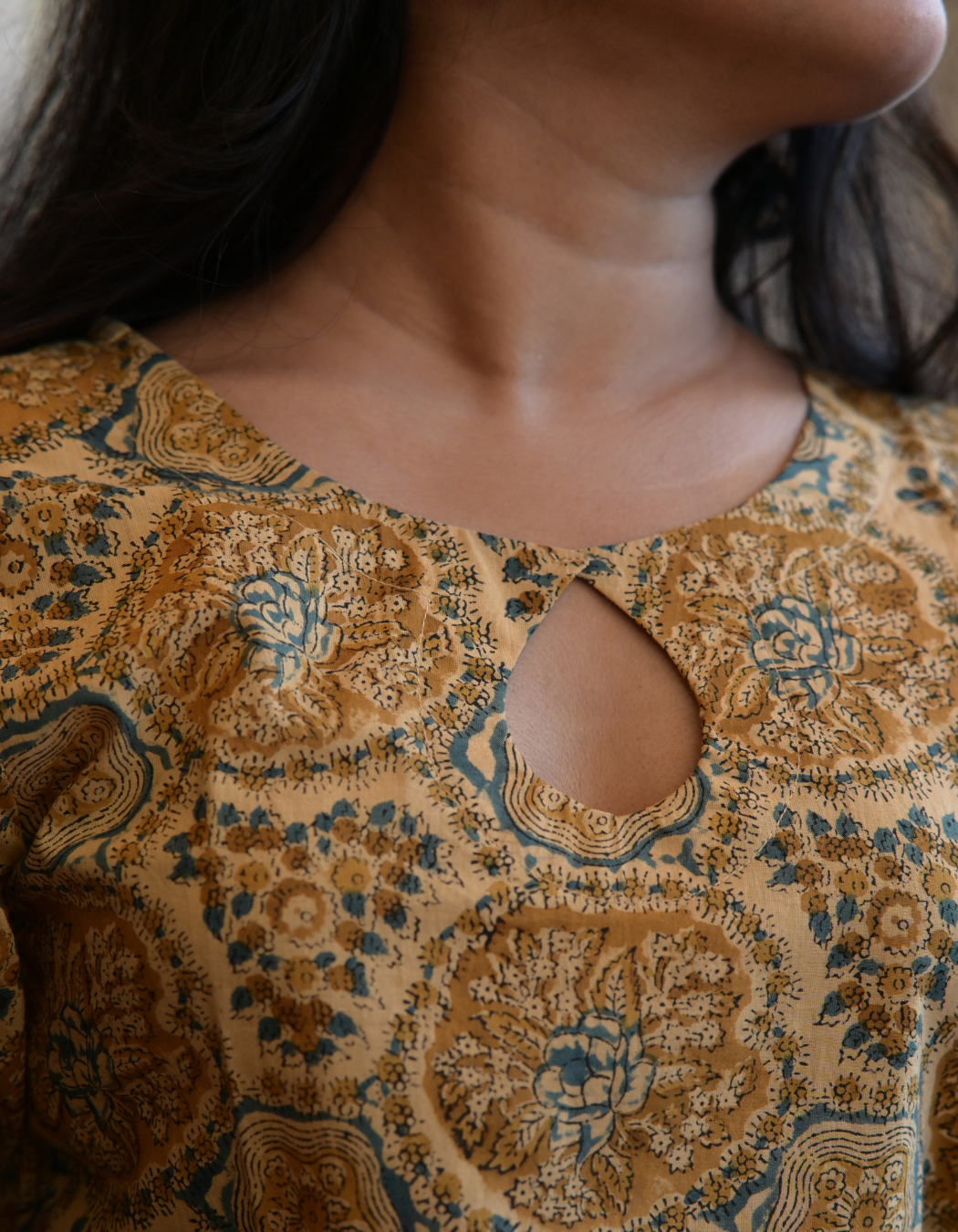 HAWA MUSTARD YELLOW HANDBLOCK PRINTED BUTTA KEY HOLE KURTI