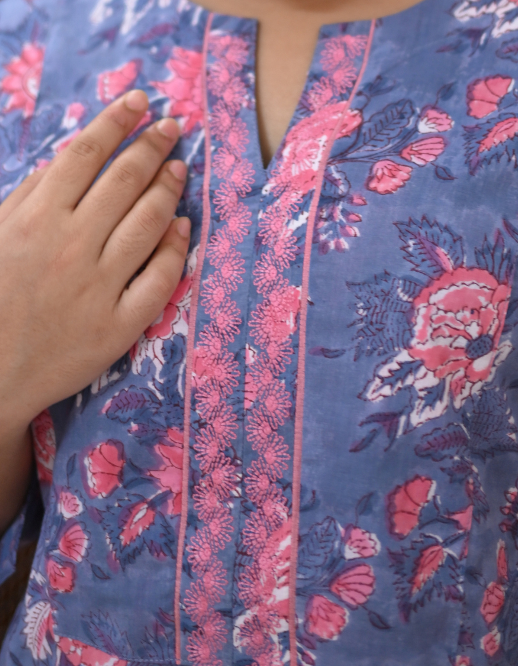 Grey Floral Hand Block Printed Embroidered Kurti
