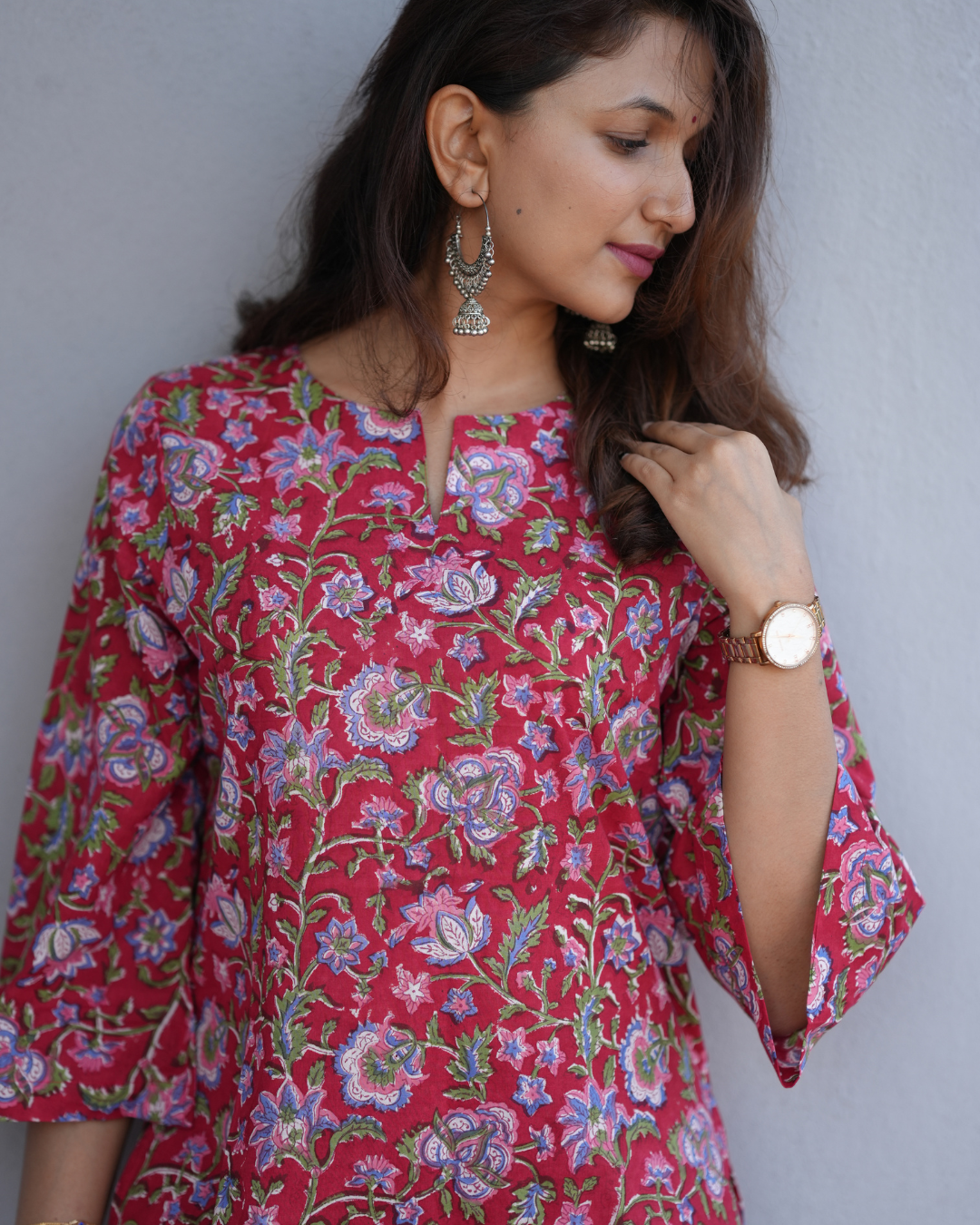 Red Floral Hand Block Printed Relaxed Fit Top