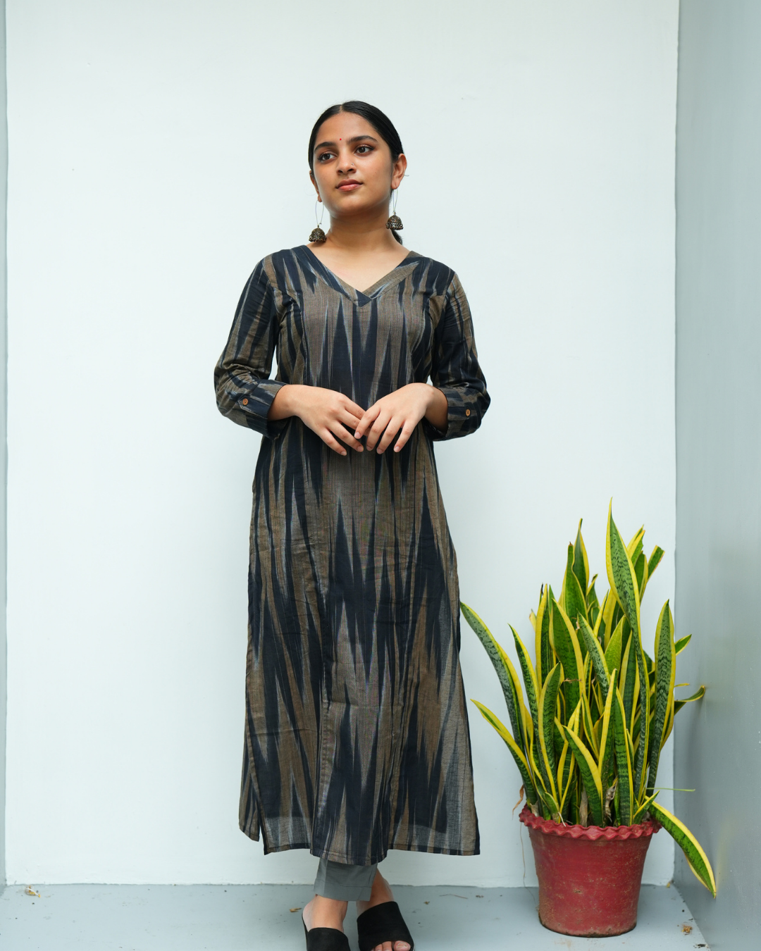 Dark blue ikkath Printed Prinsess cut Cross V Neck Kurti