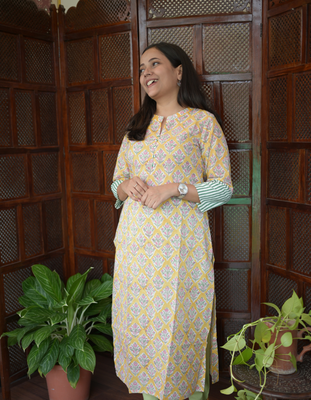 Yellow hand block printed Collar Neck Kurti And Pista Green Pant Set