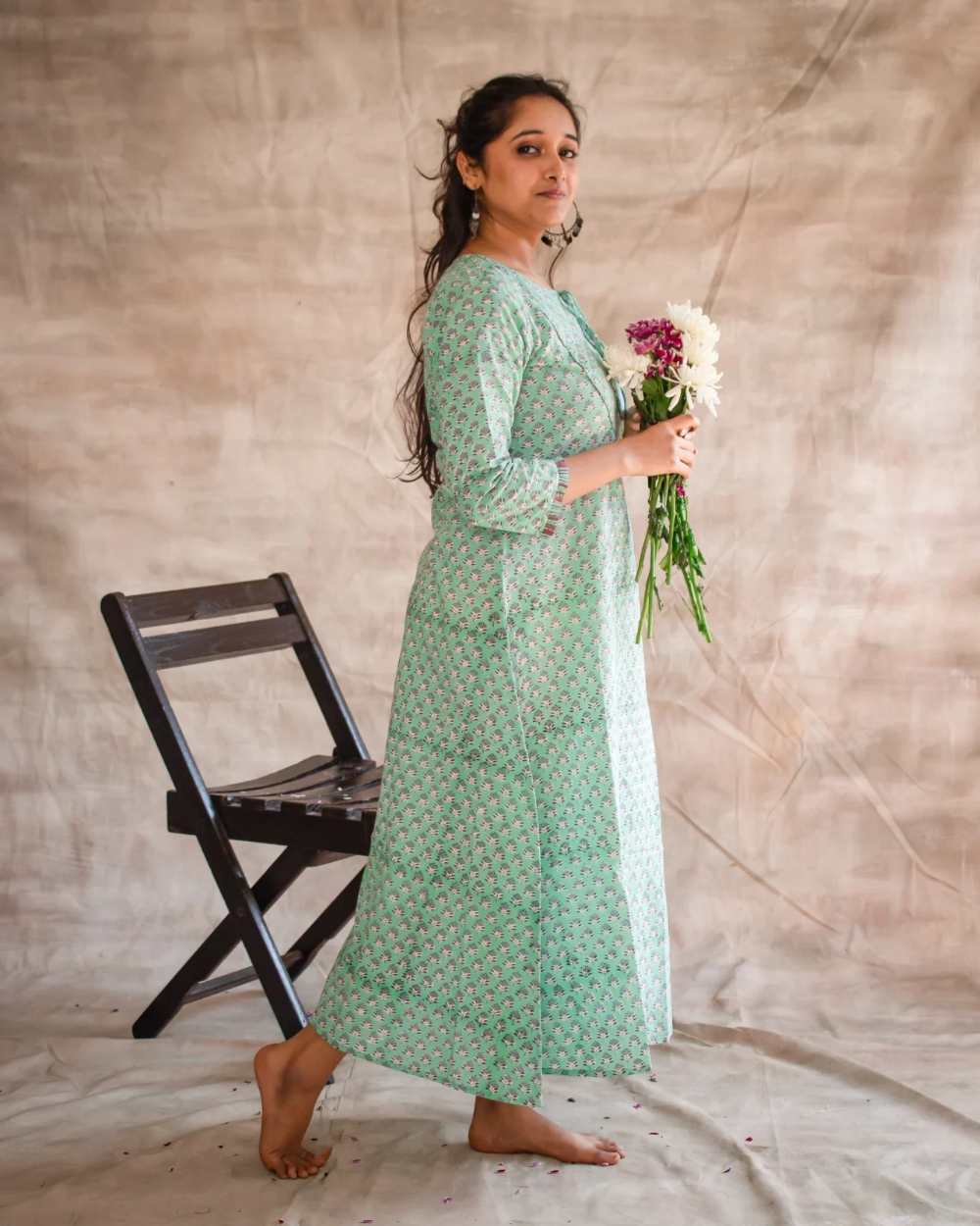 A- LINE DRESS Mint Green Floral Hand Block Printed A Line Dress