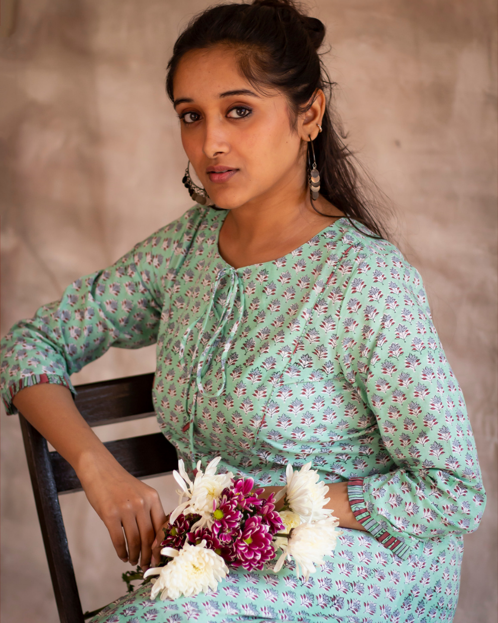 A- LINE DRESS Mint Green Floral Hand Block Printed A Line Dress