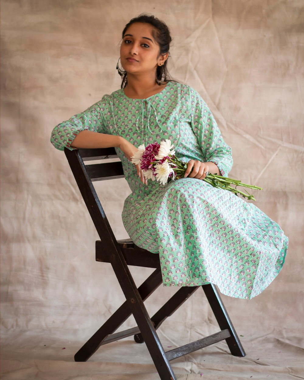 A- LINE DRESS Mint Green Floral Hand Block Printed A Line Dress