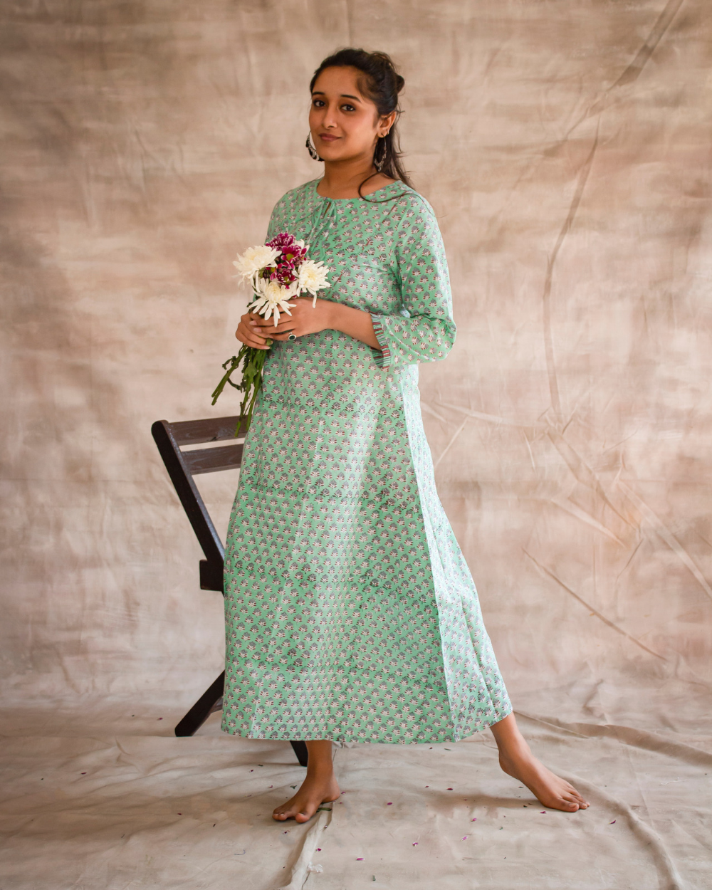 A- LINE DRESS Mint Green Floral Hand Block Printed A Line Dress