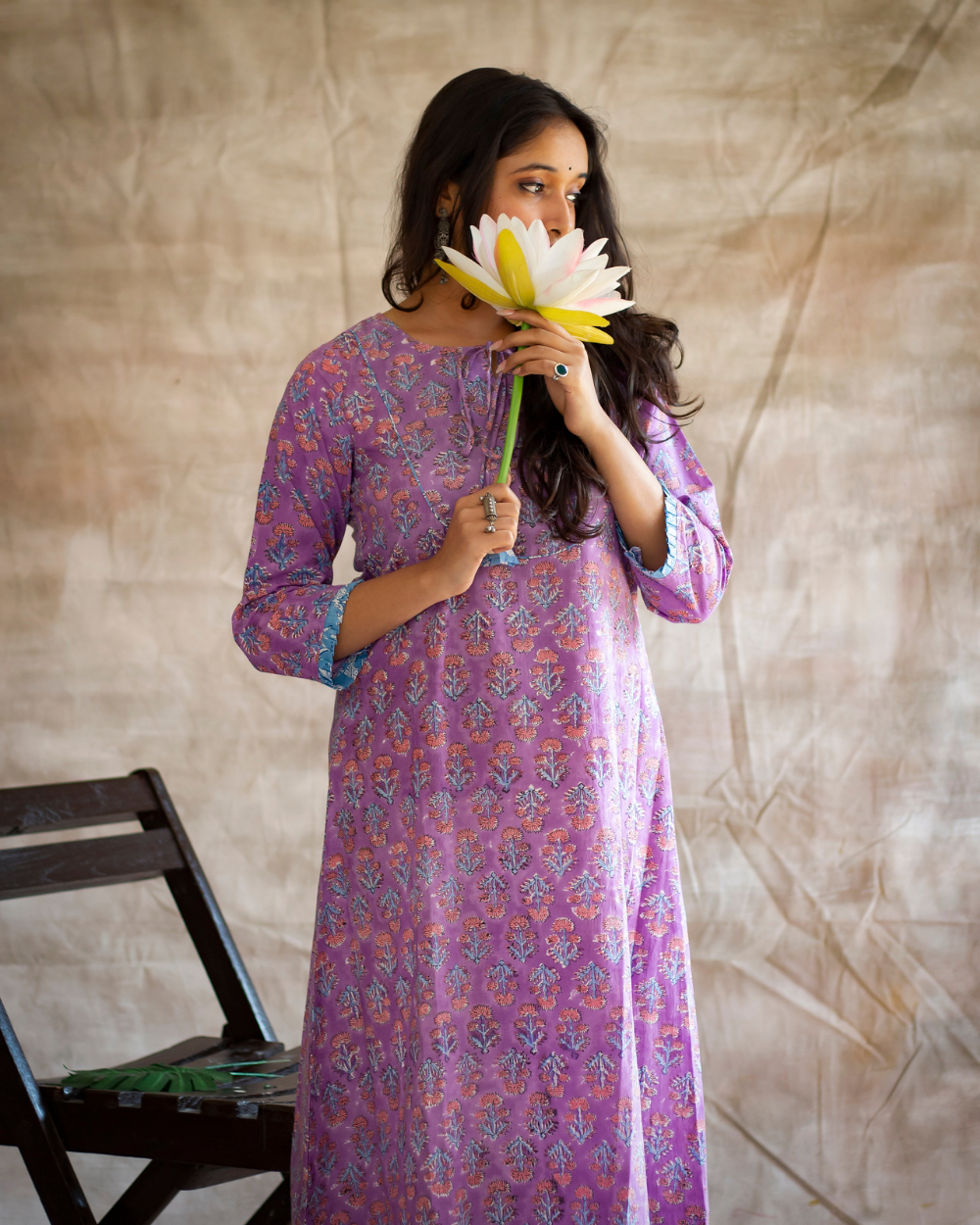 A-LINE DRESS Purple Floral Hand Block Printed A Line Dress