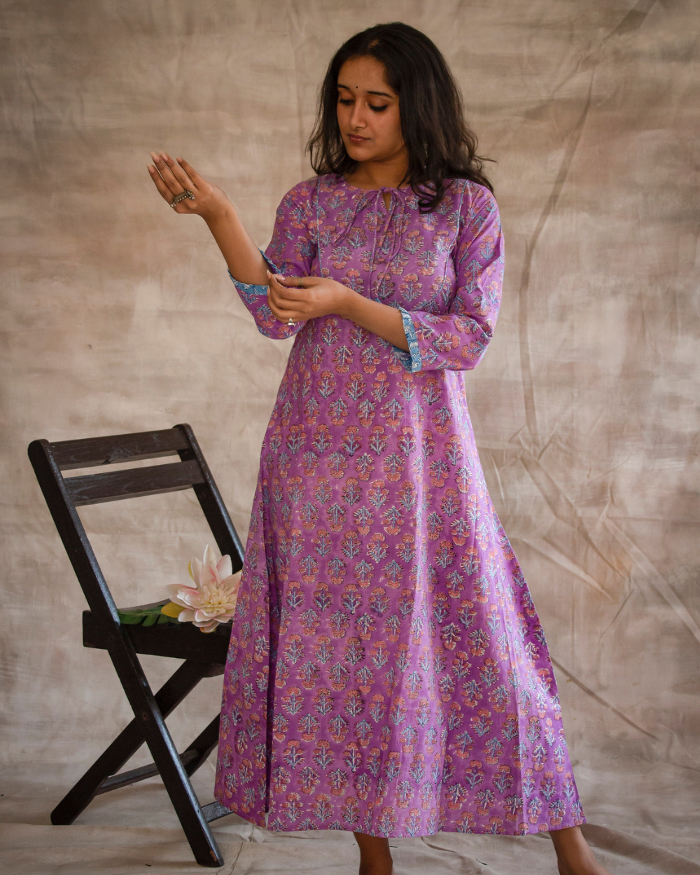 A-LINE DRESS Purple Floral Hand Block Printed A Line Dress