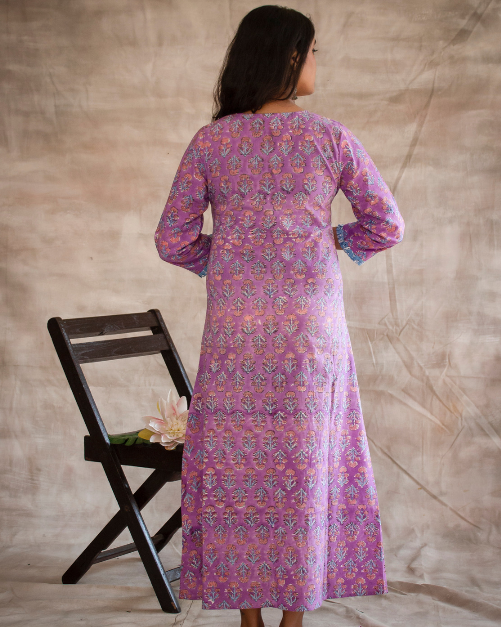 A-LINE DRESS Purple Floral Hand Block Printed A Line Dress