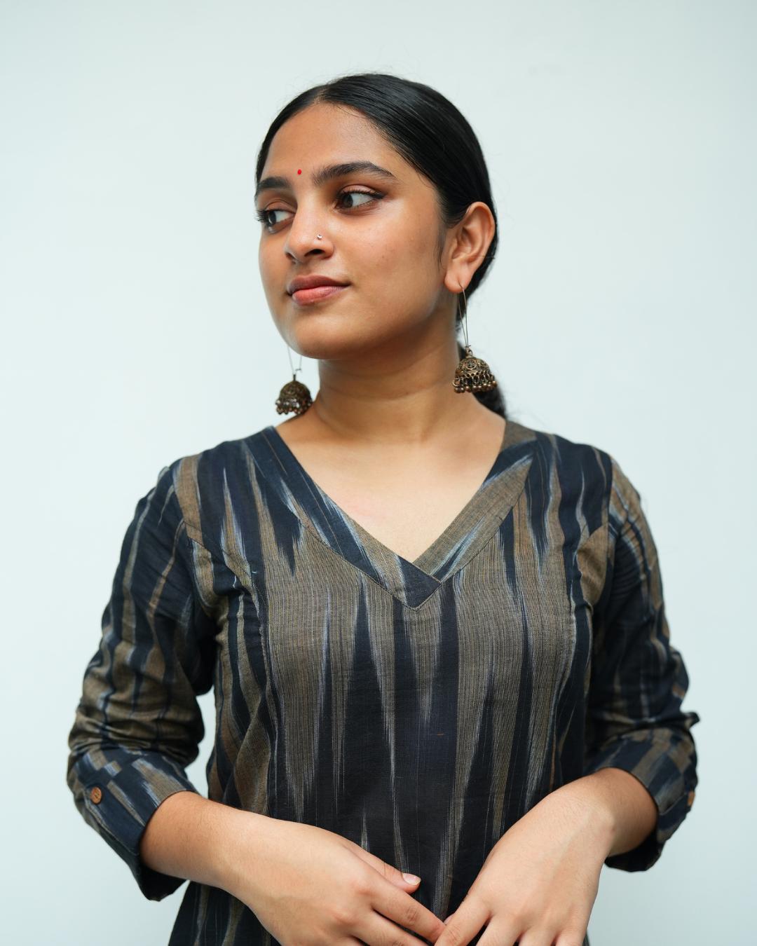 Dark blue ikkath Printed Prinsess cut Cross V Neck Kurti