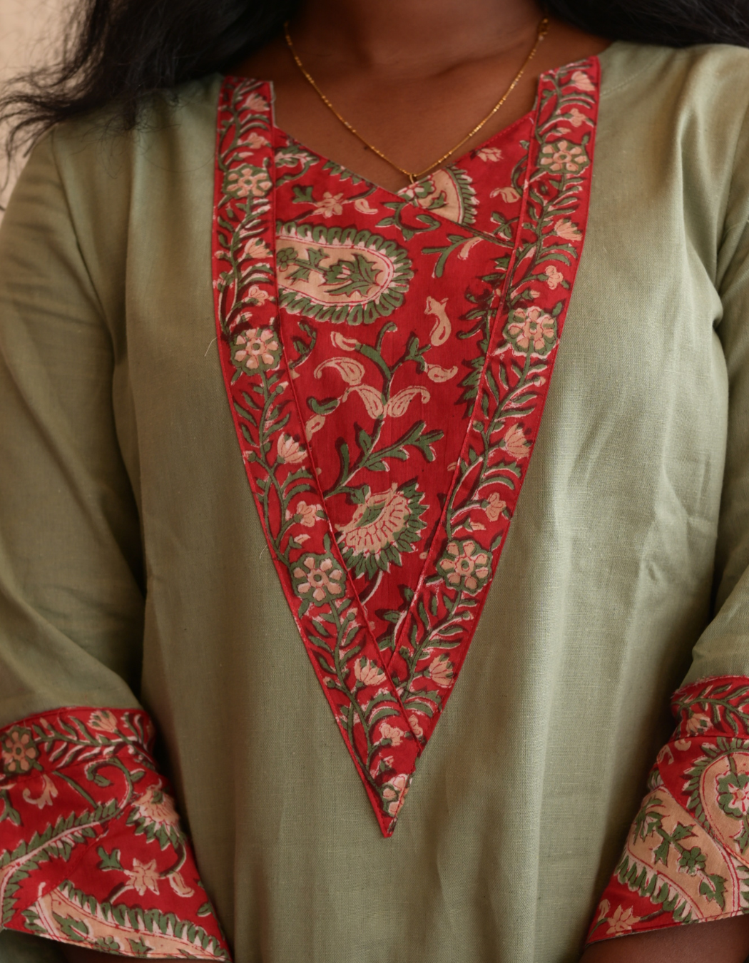 "TARA" PASTEL GREEN BASE RED HAND BLOCK PRINTED PATCH KURTI