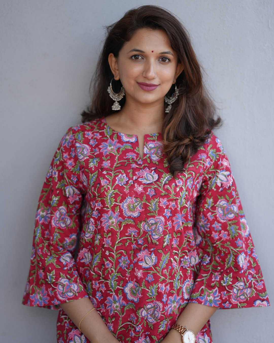Red Floral Hand Block Printed Relaxed Fit Top