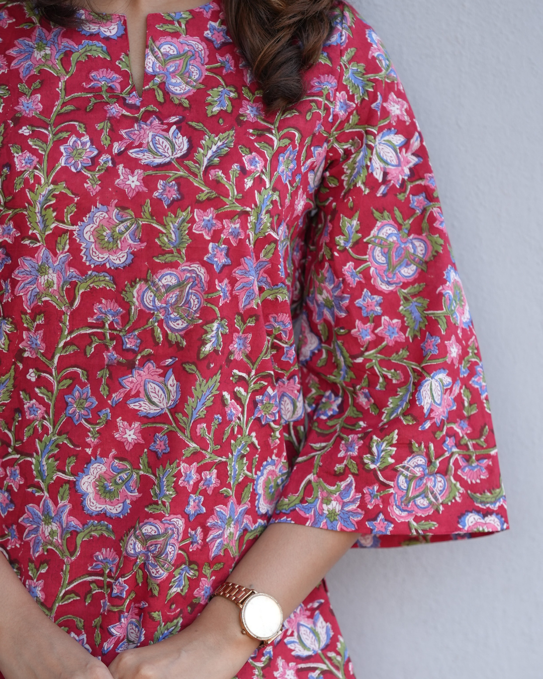 Red Floral Hand Block Printed Relaxed Fit Top