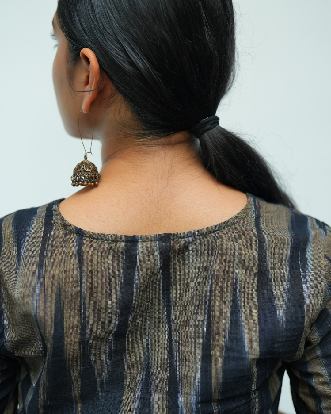 Dark blue ikkath Printed Prinsess cut Cross V Neck Kurti