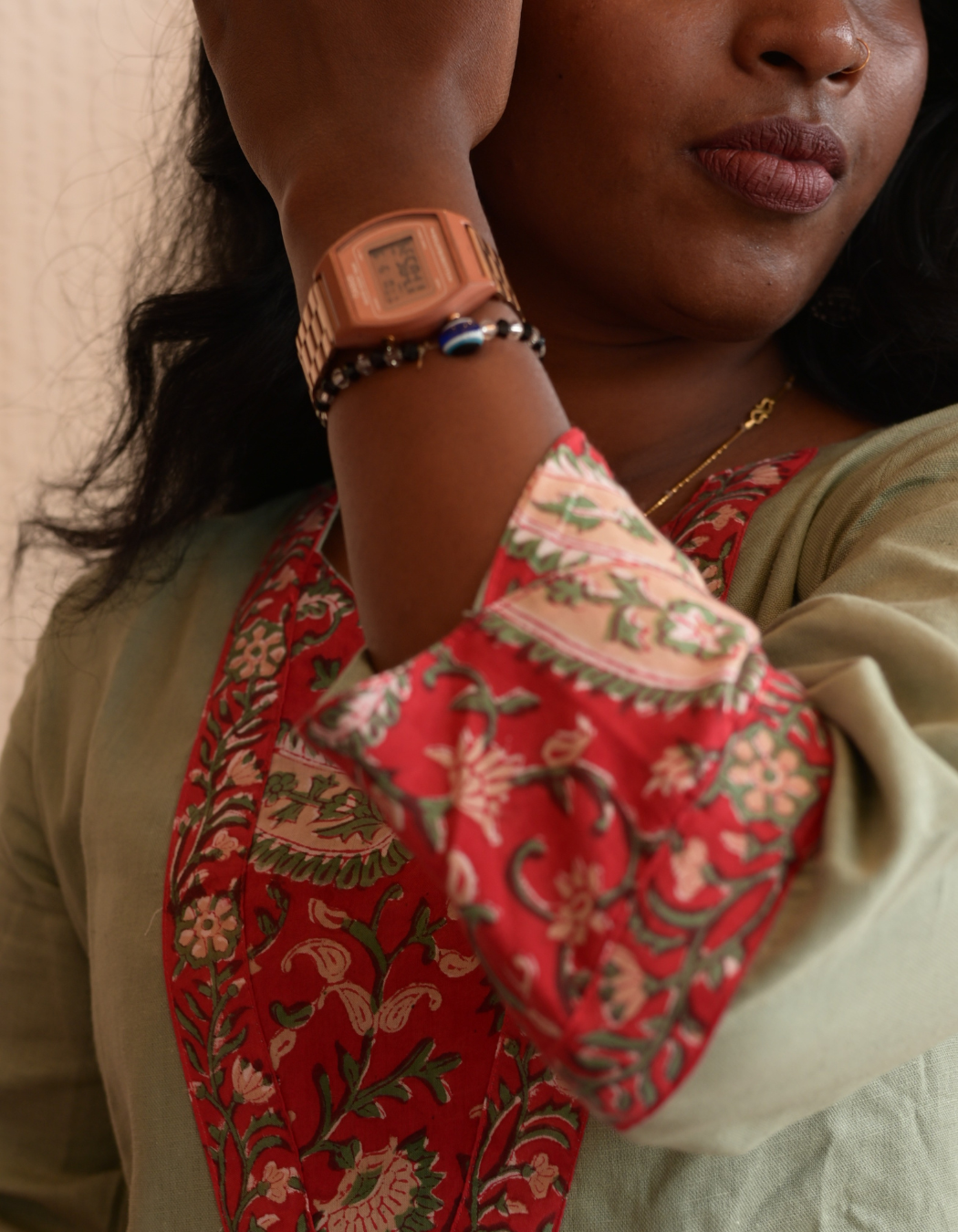 "TARA" PASTEL GREEN BASE RED HAND BLOCK PRINTED PATCH KURTI