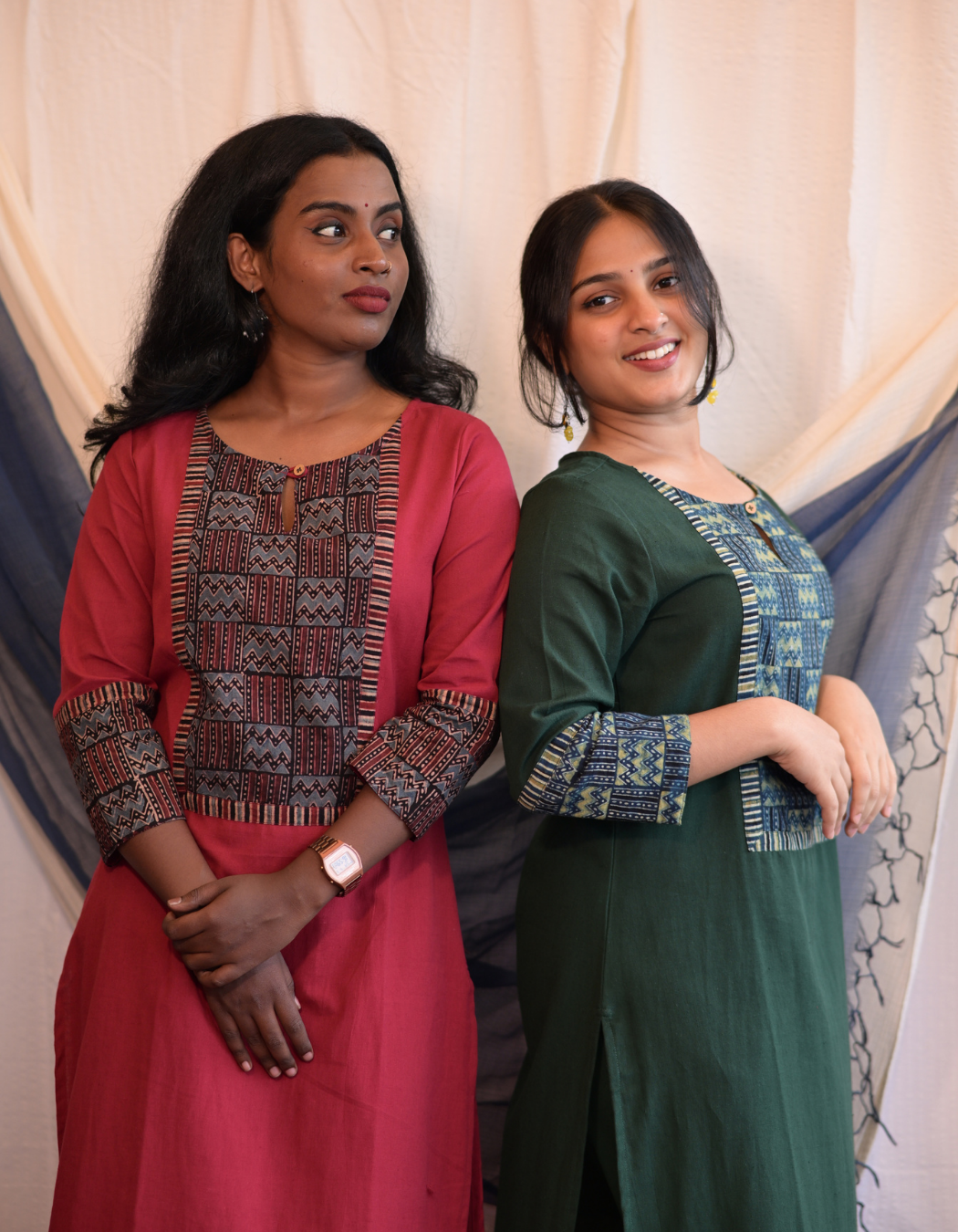 Kadha Green Plain Cotton Flax With Ajrakh Patch Kurti