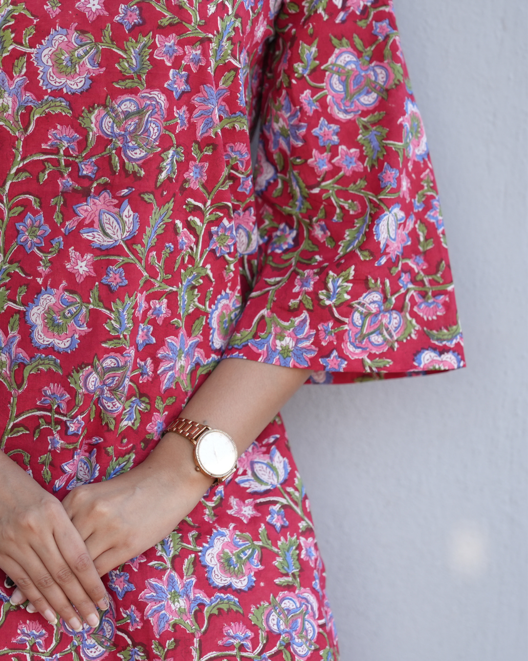 Red Floral Hand Block Printed Relaxed Fit Top