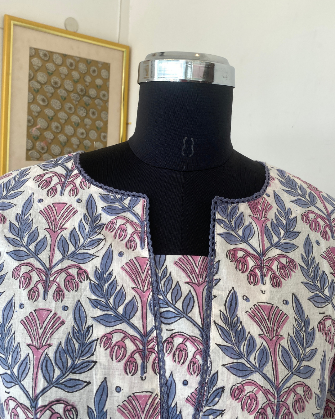 "CHAMPA" White with Grey Floral Hand Block Printed Cotton Lace Kurti