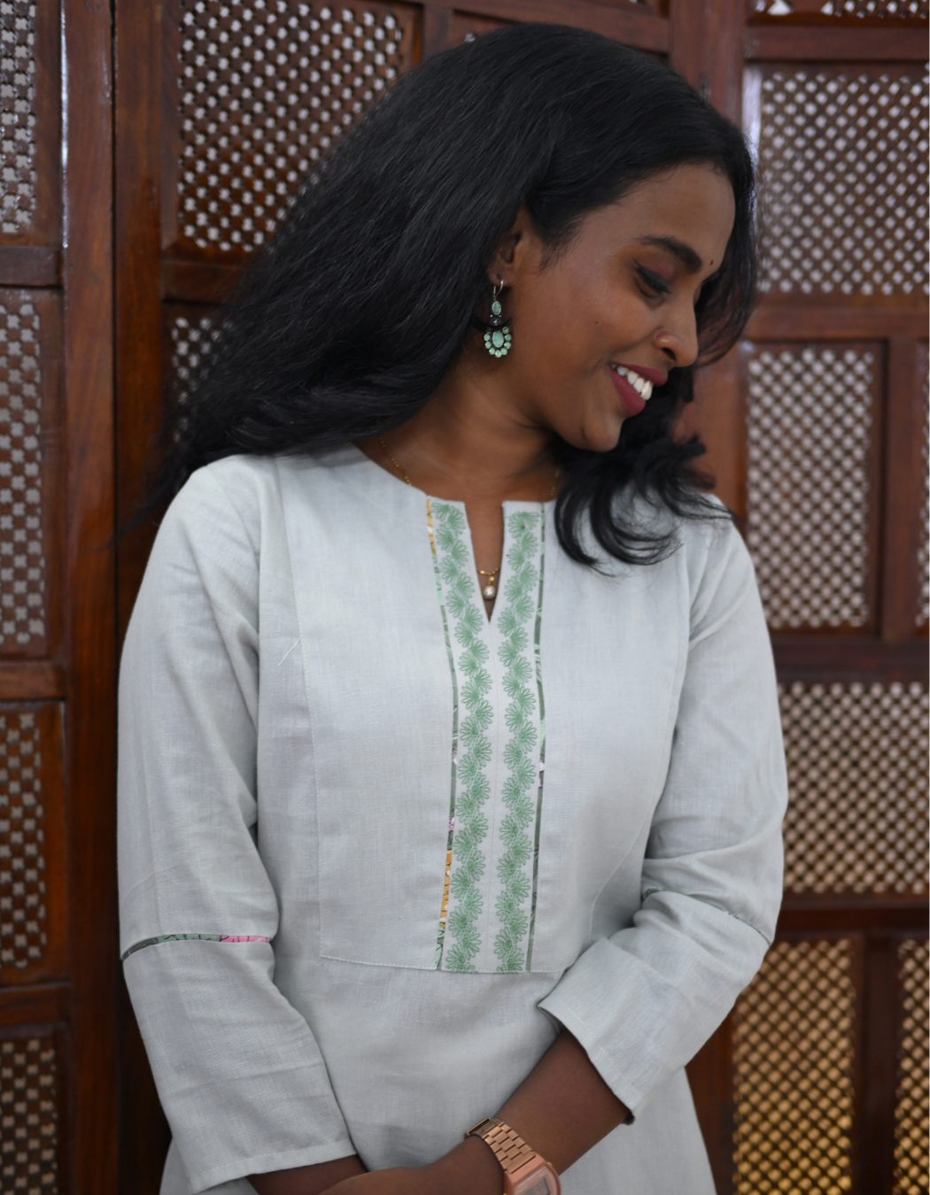 "INAYA" Green Clay Cotton Flax Embroidered Plain Kurti