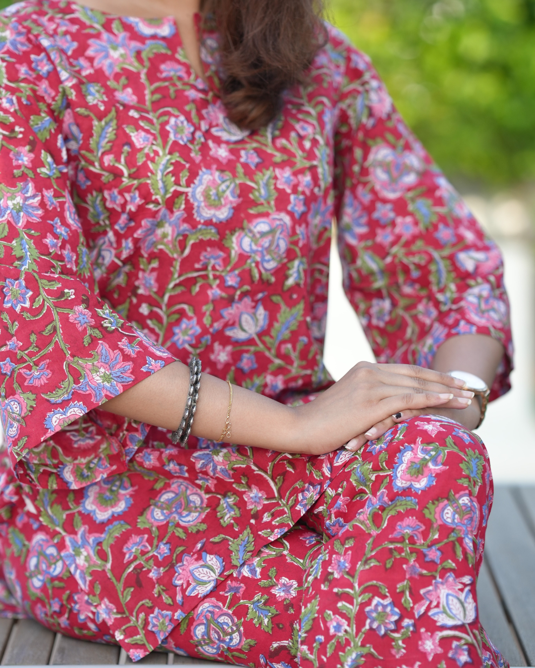 CO-ORD SET RED Handblock Printed Cotton Relaxed Fit