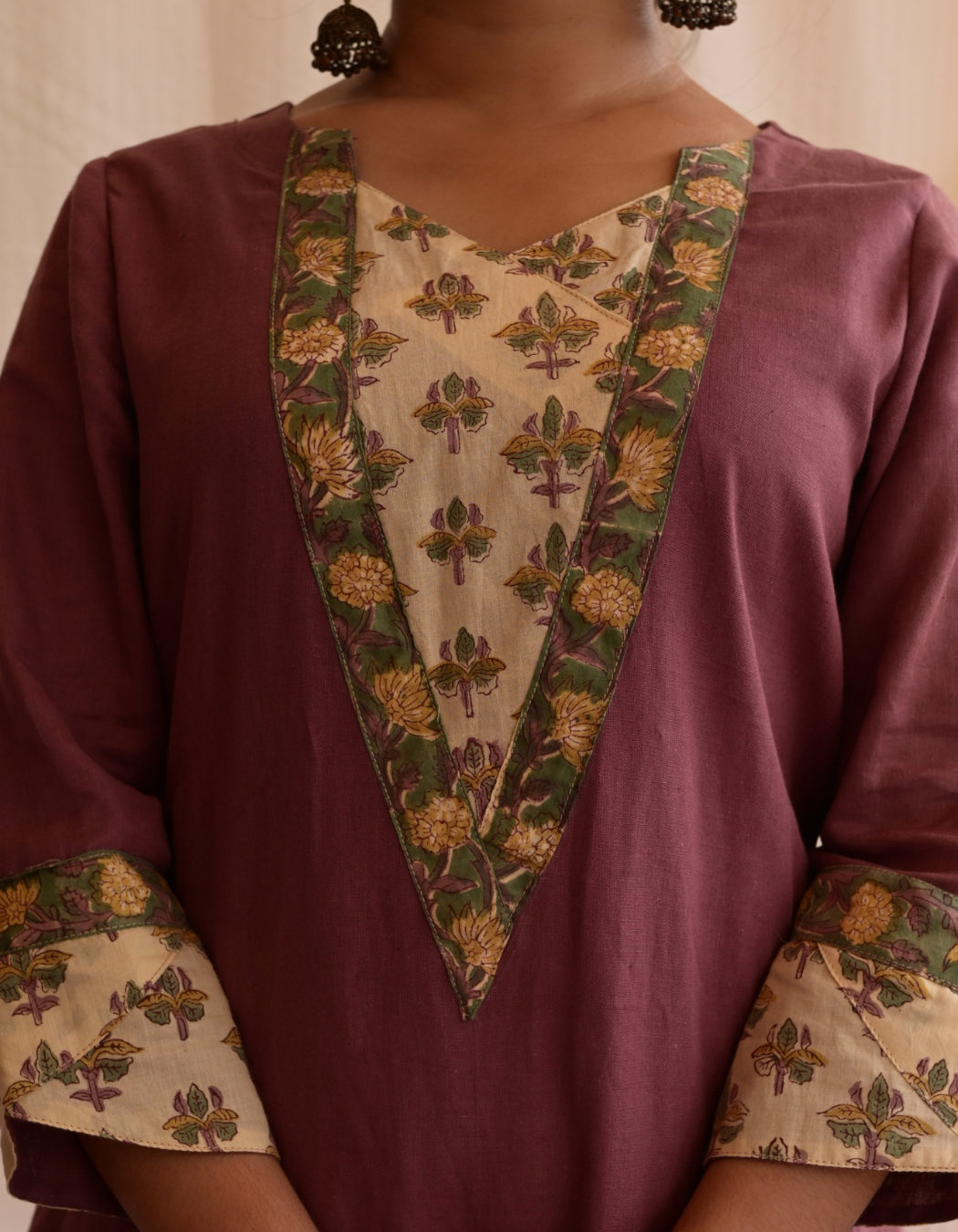 "TARA" ONION PINK BASE AND BEIGE GREEN HAND BLOCK PRINTED PATCH KURTI