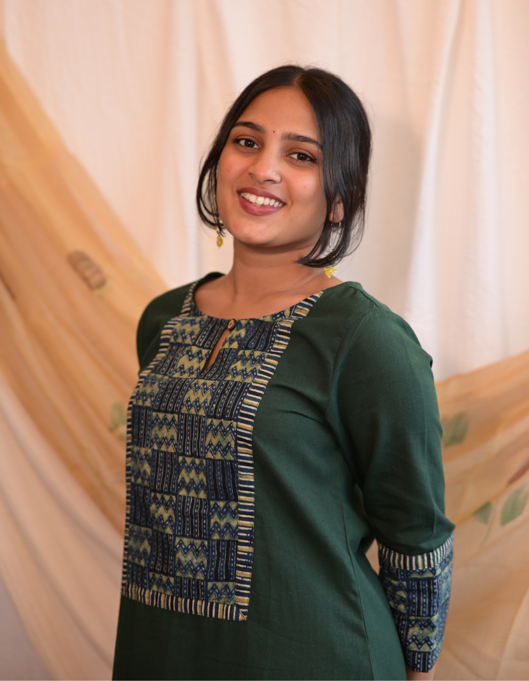 Kadha Green Plain Cotton Flax With Ajrakh Patch Kurti