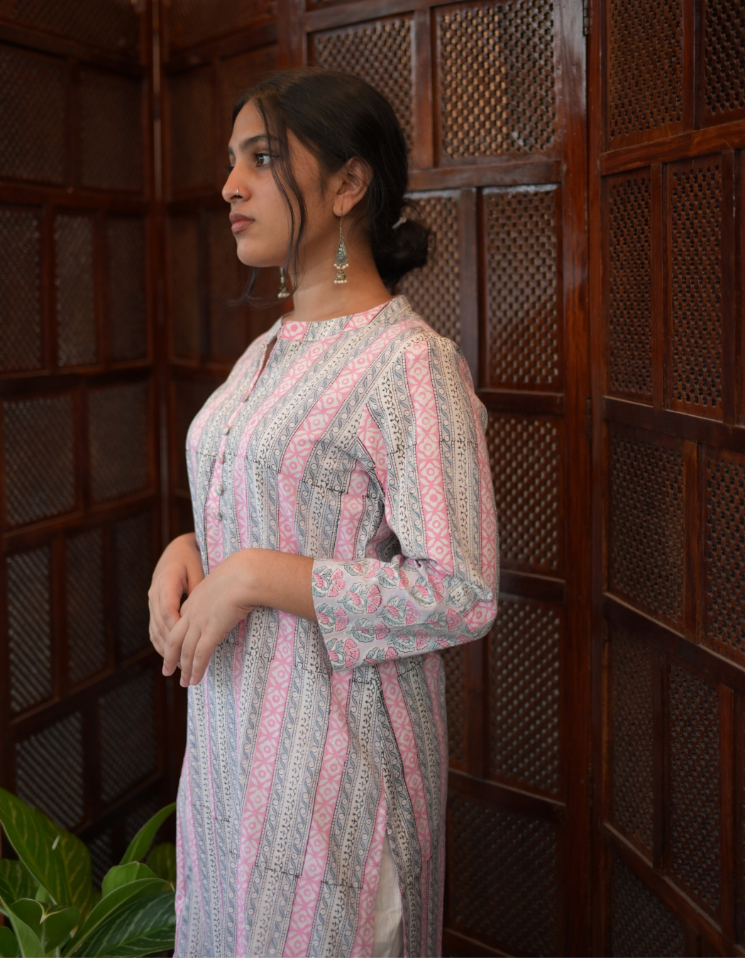 Pink and Grey Hand Block Printed Cotton Collar Neck Kurti