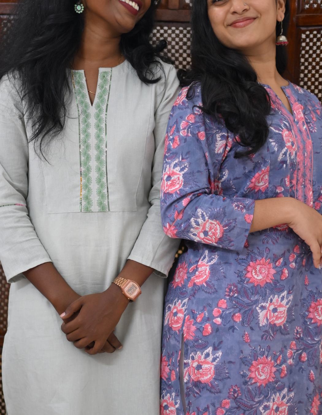 Grey Floral Hand Block Printed Embroidered Kurti
