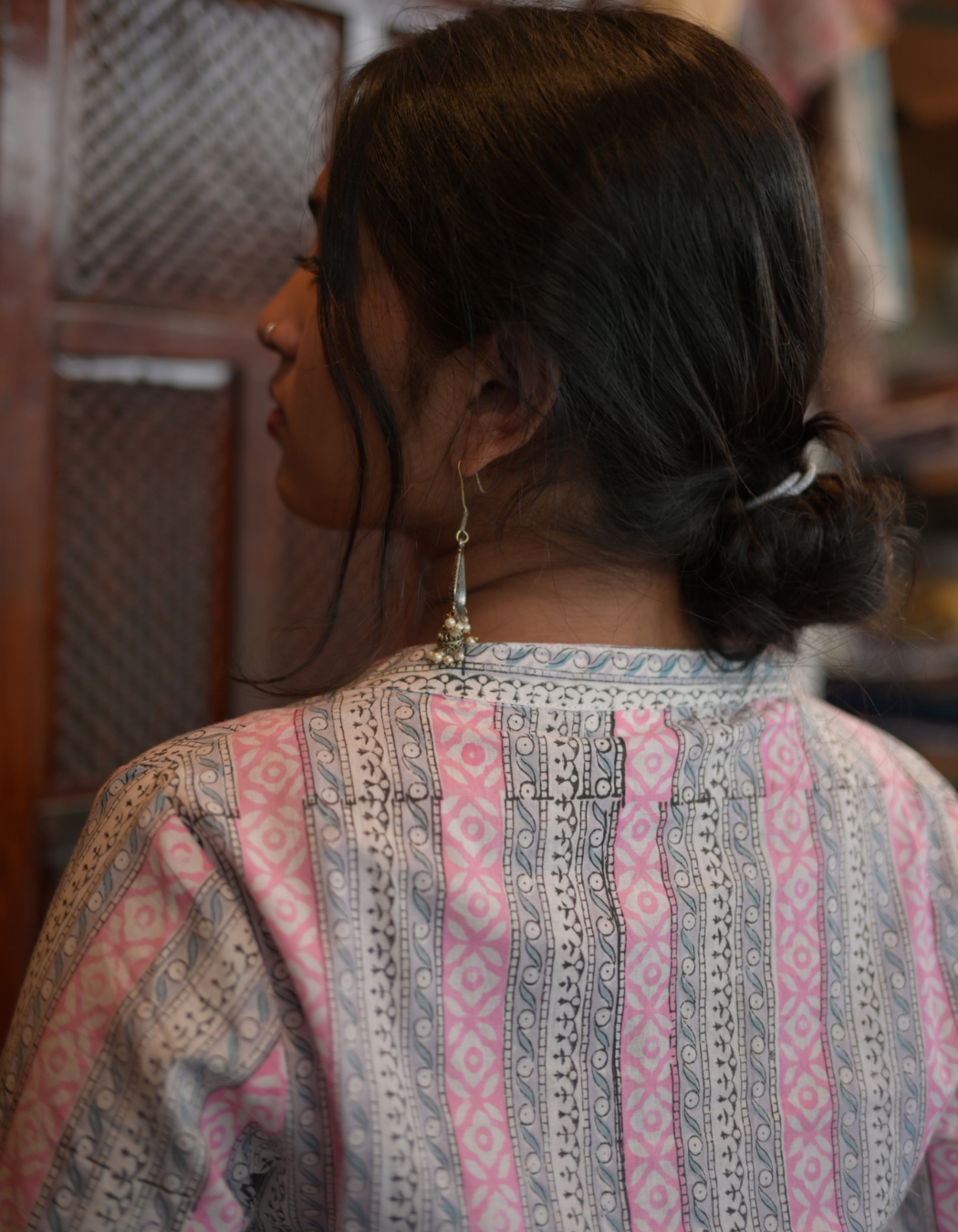 Pink and Grey Hand Block Printed Cotton Collar Neck Kurti