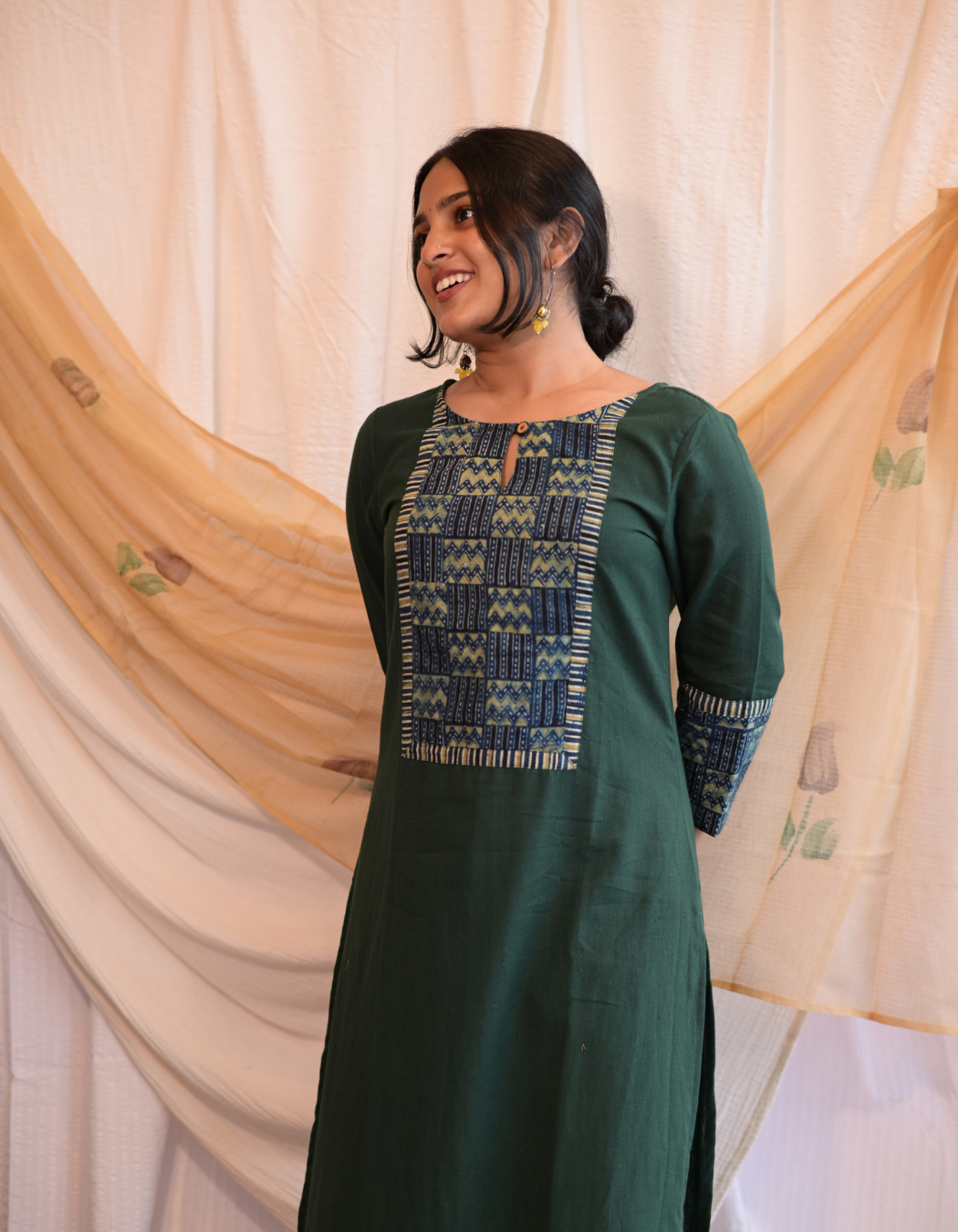 Kadha Green Plain Cotton Flax With Ajrakh Patch Kurti