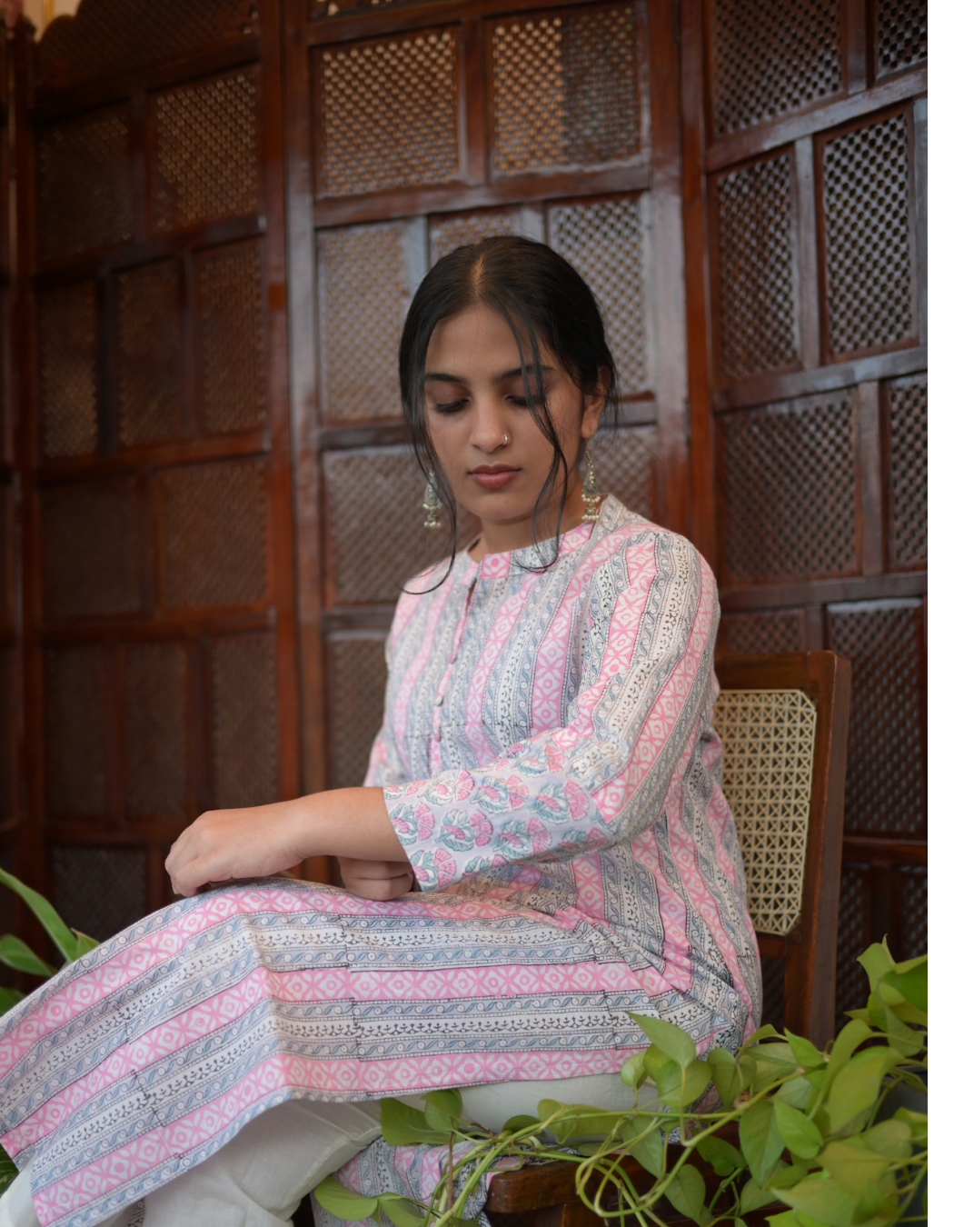 Pink and Grey Hand Block Printed Cotton Collar Neck Kurti