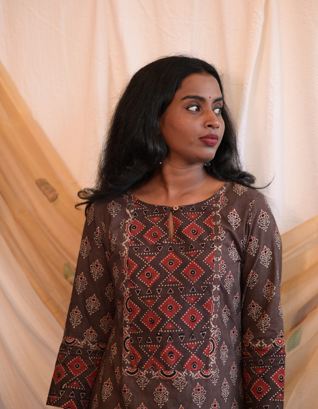 Kadha Brown Ajrakh Handblock Printed Cotton Kurti