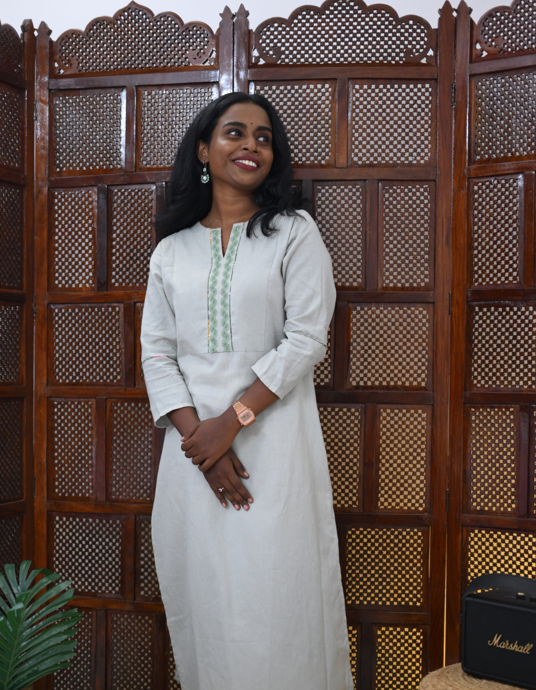 "INAYA" Green Clay Cotton Flax Embroidered Plain Kurti