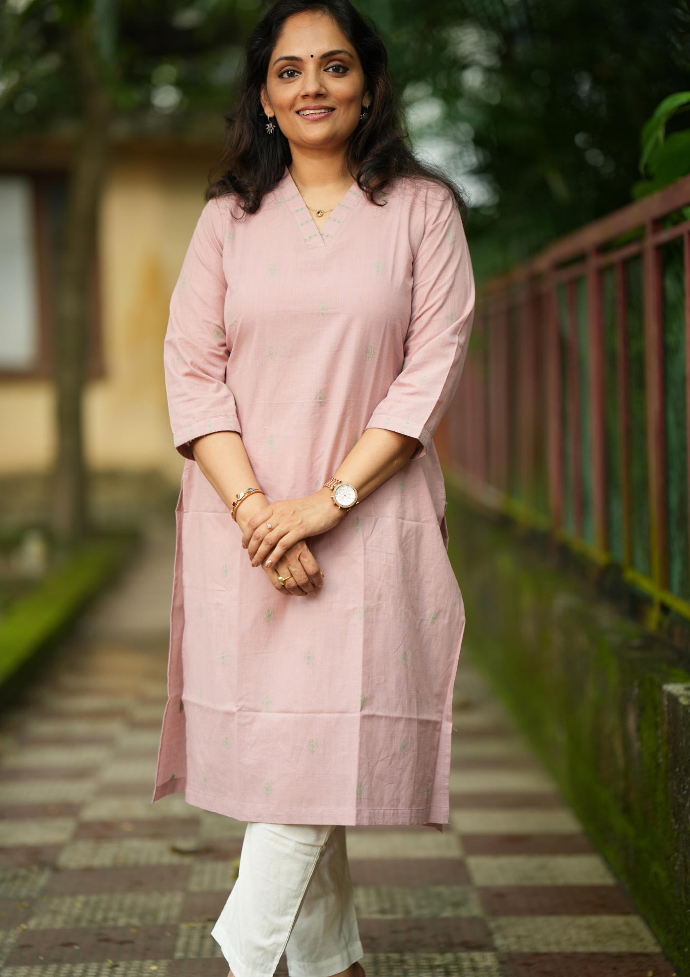 Powder Pink Hand Loom V Neck Kurti