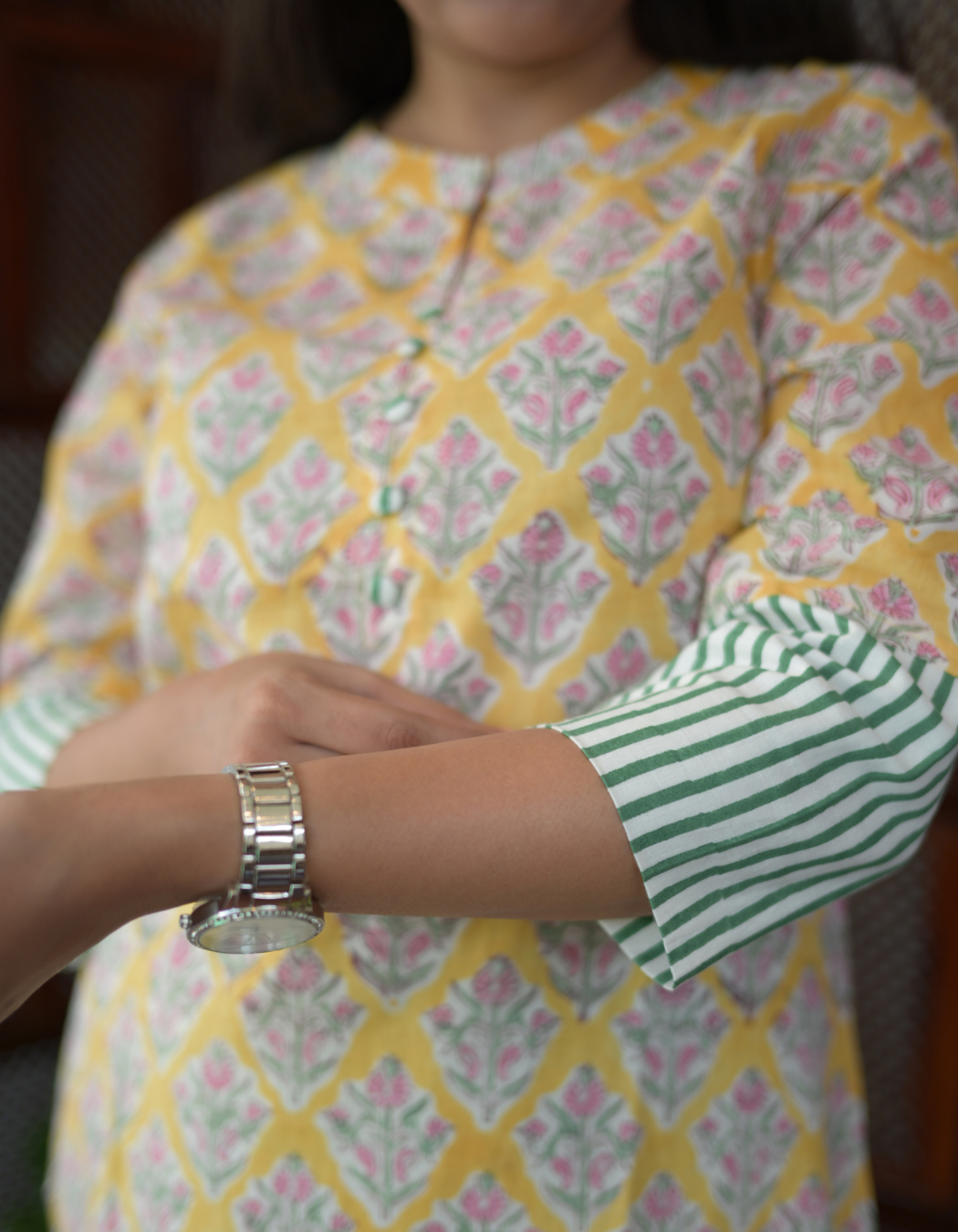 Yellow hand block printed Collar Neck Kurti And Pista Green Pant Set