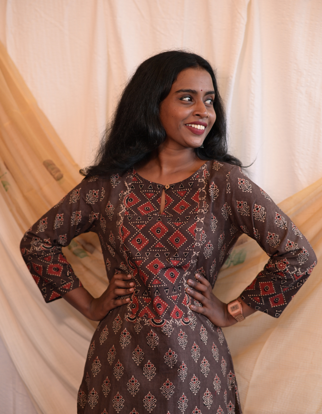 Kadha Brown Ajrakh Handblock Printed Cotton Kurti