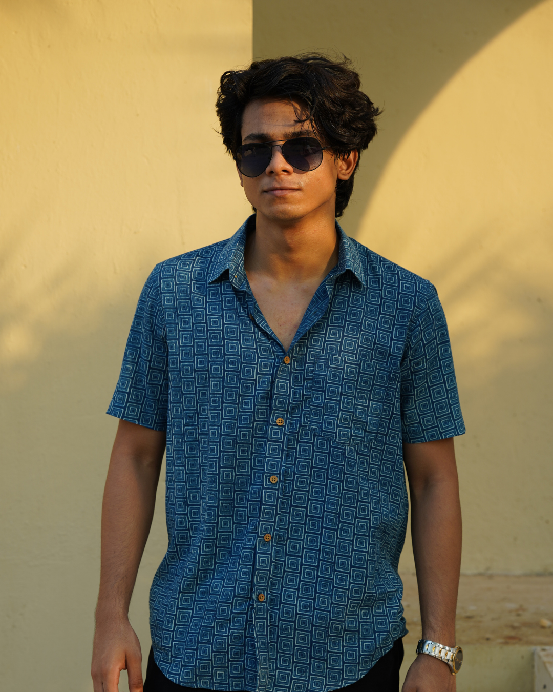 Indigo block printed men's shirt